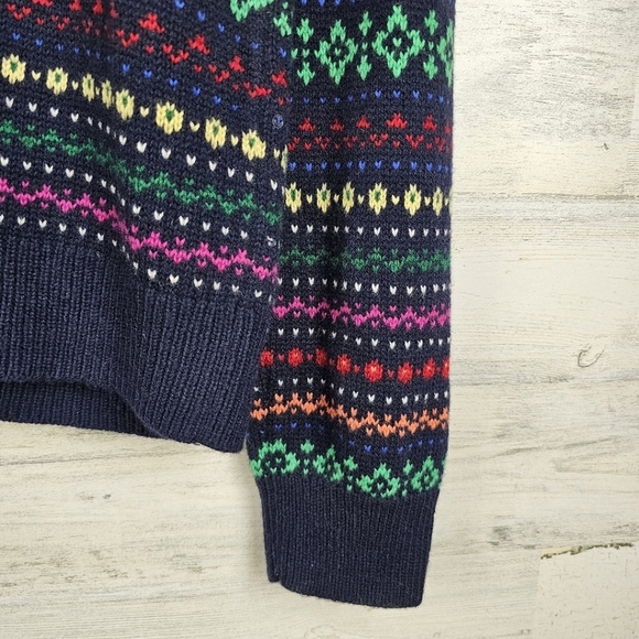 Talbots Lambswool Blend Rainbow Sweater Cardigan Size Large Navy Knit Button Up - Picture 11 of 14